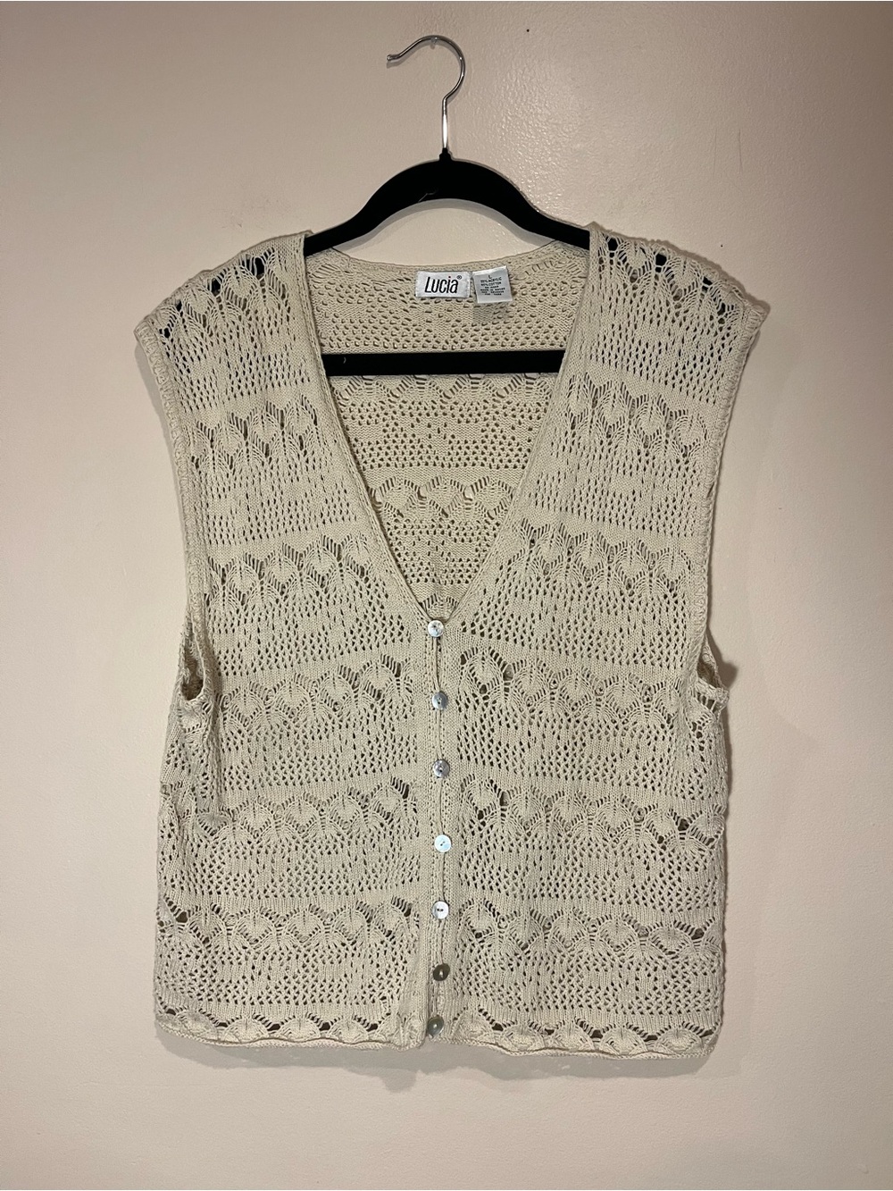 Cream Crochet Button-Front Sweater Vest